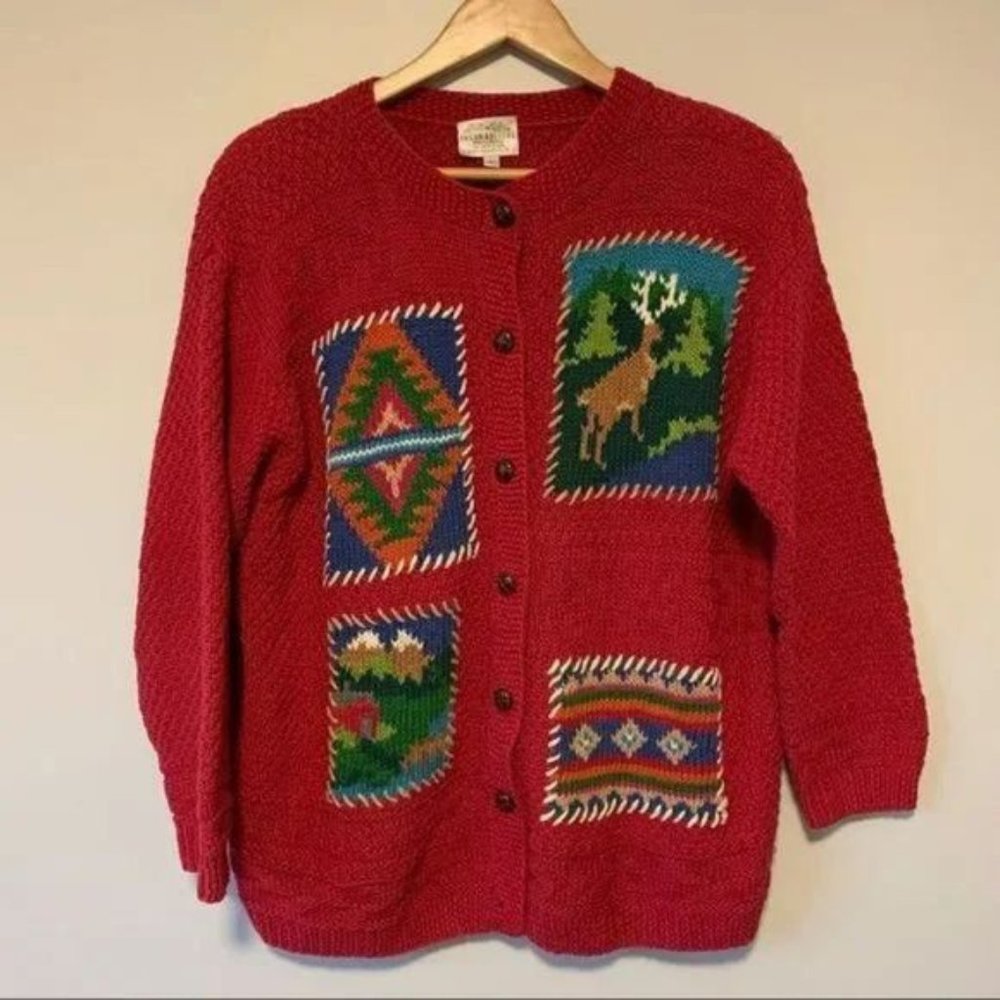 Vintage hand knitted red green cardigan sweater by Susan Bristol large